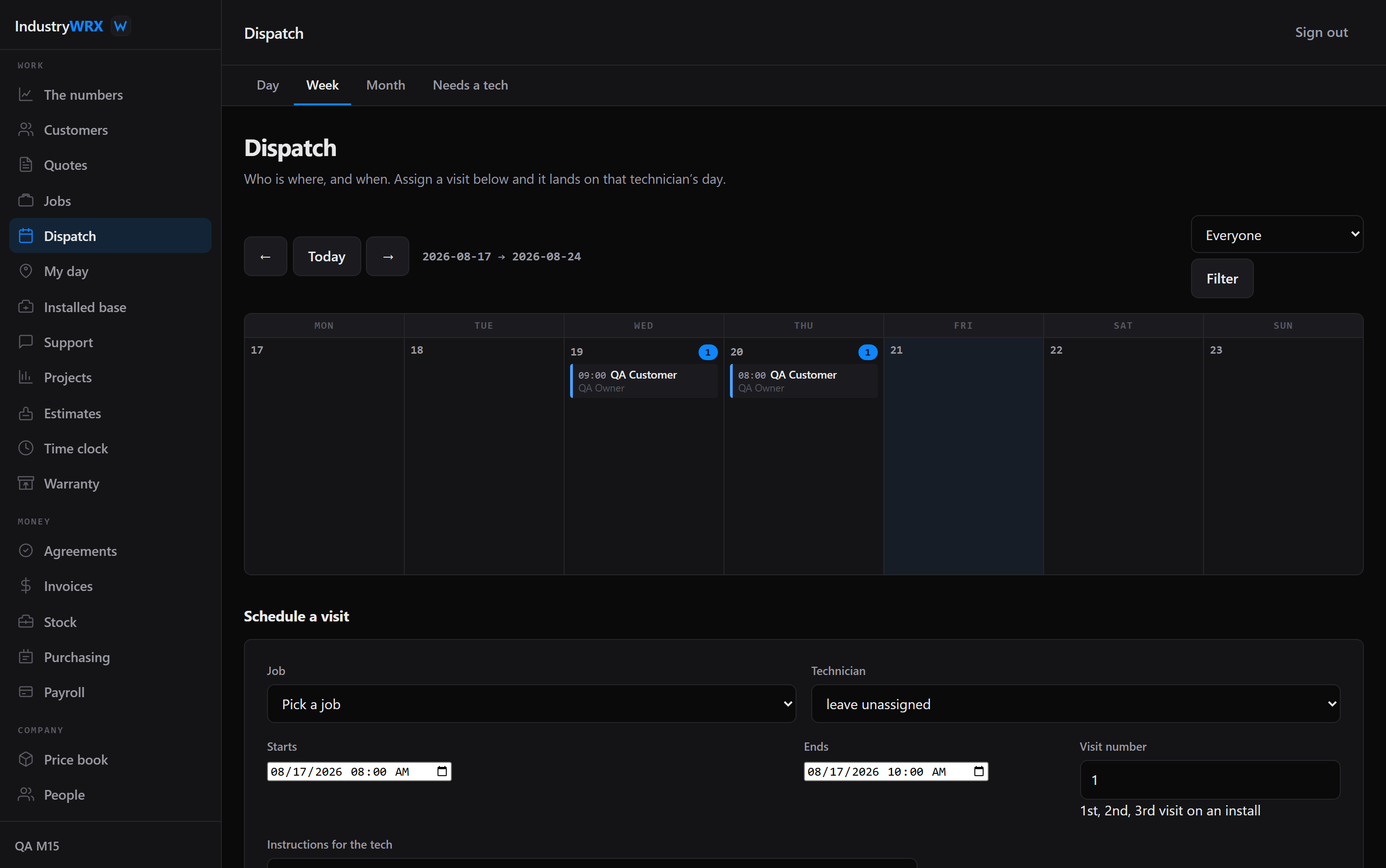 The IndustryWRX dispatch board: a week of scheduled visits by technician
